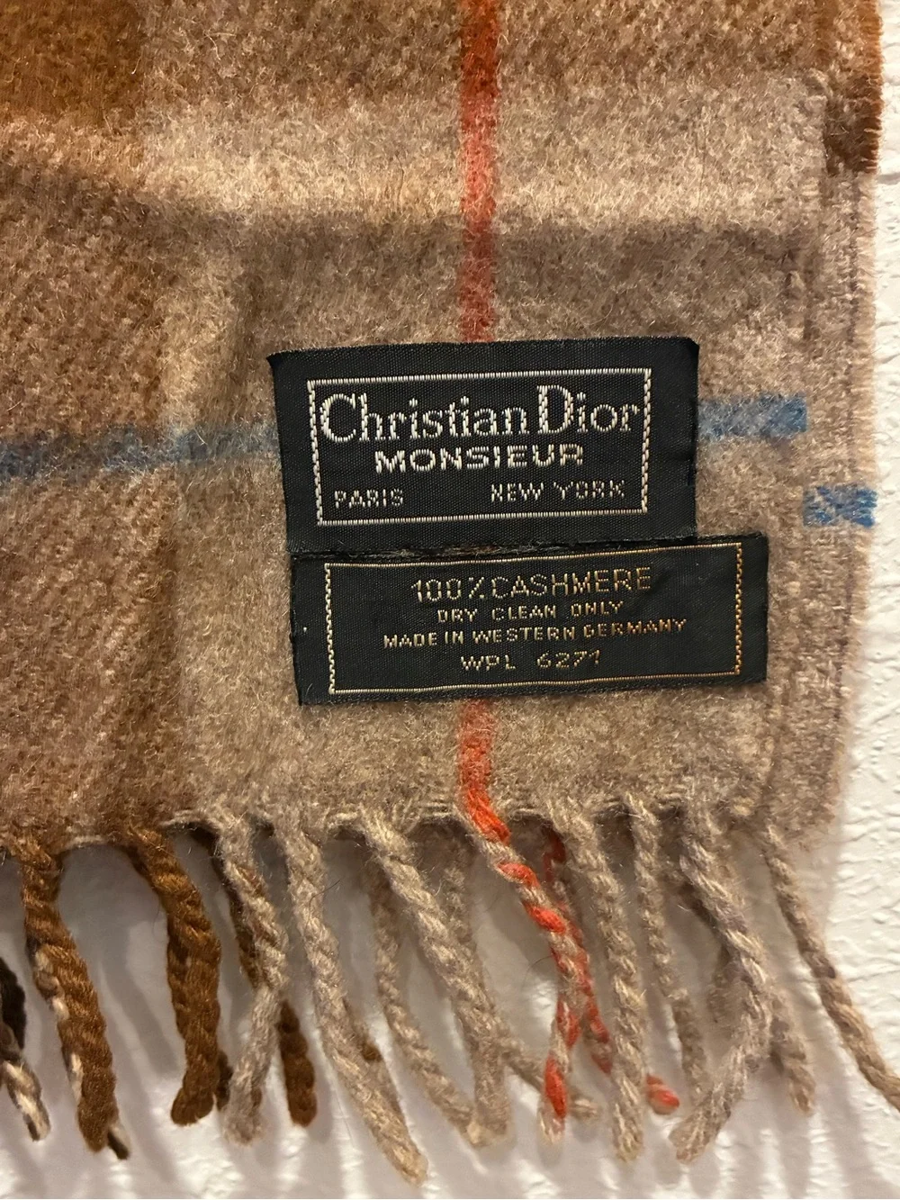 Vintage Christian Dior Monsieur plaid scarf 100% cashmere Western Germany